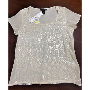 Calvin Klein Women Layered Silver Sequin Ivory Off White T-shirt Sz Medium NEW!!